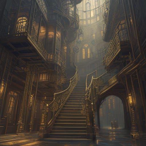 Steampunk Cityscape with Floating Door and Gears