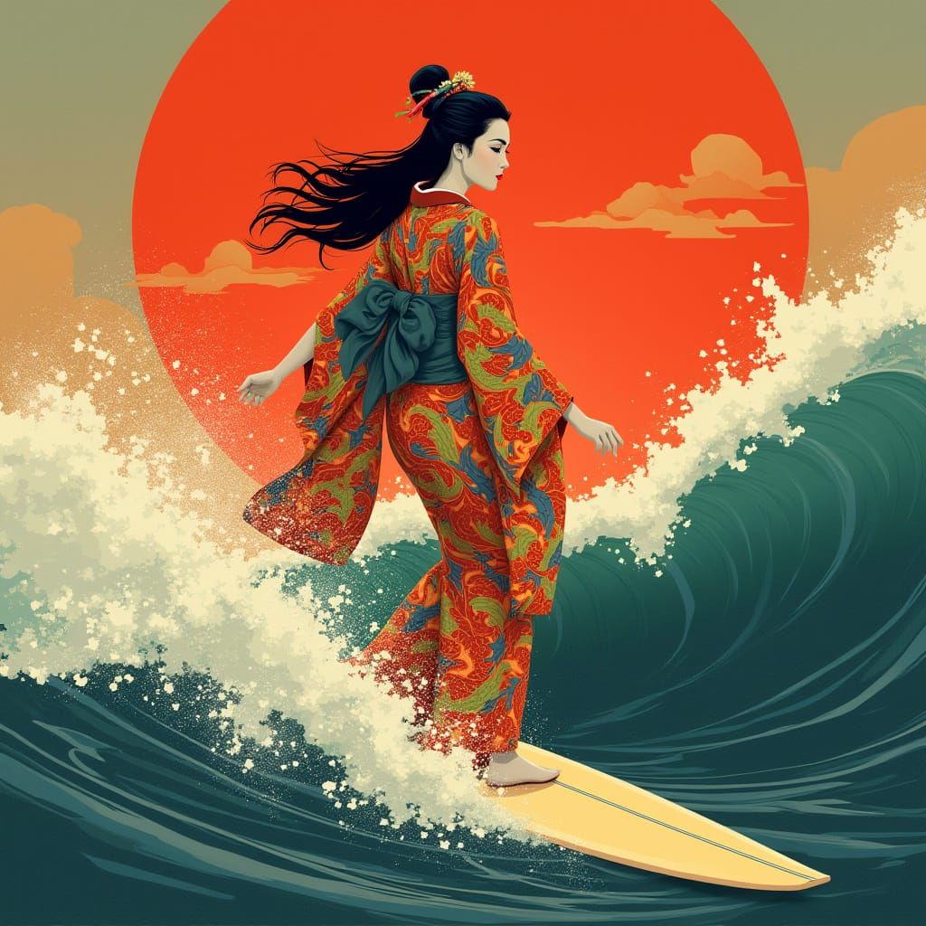Art Deco Geisha Surfer Rides Wave Under Red Sun