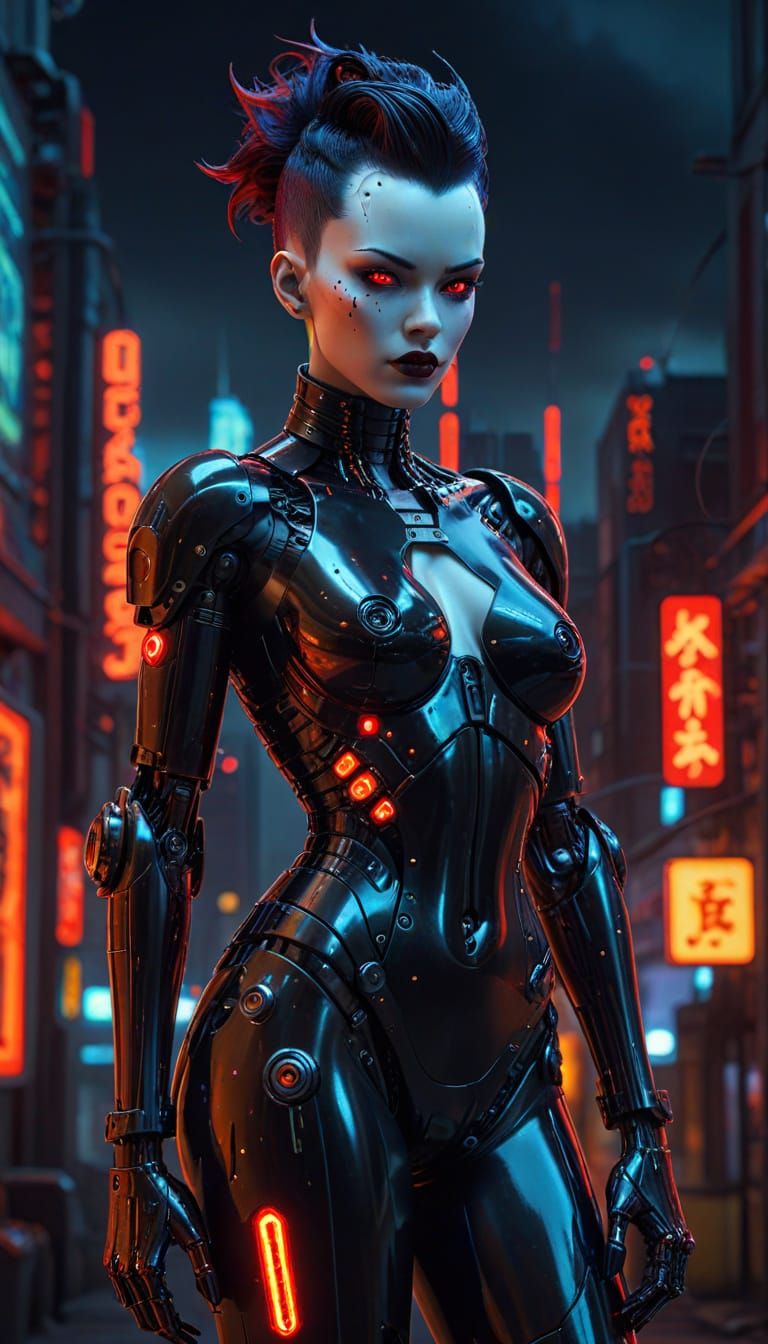 Cyberpunk Android Pinup in Vibrant Cityscape