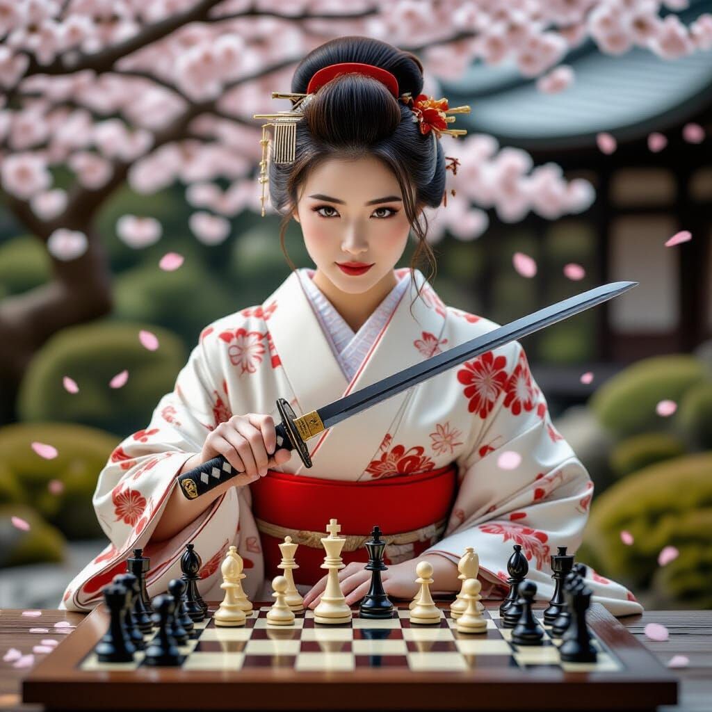 Japanese Woman with Katana Plays Chess in Garden