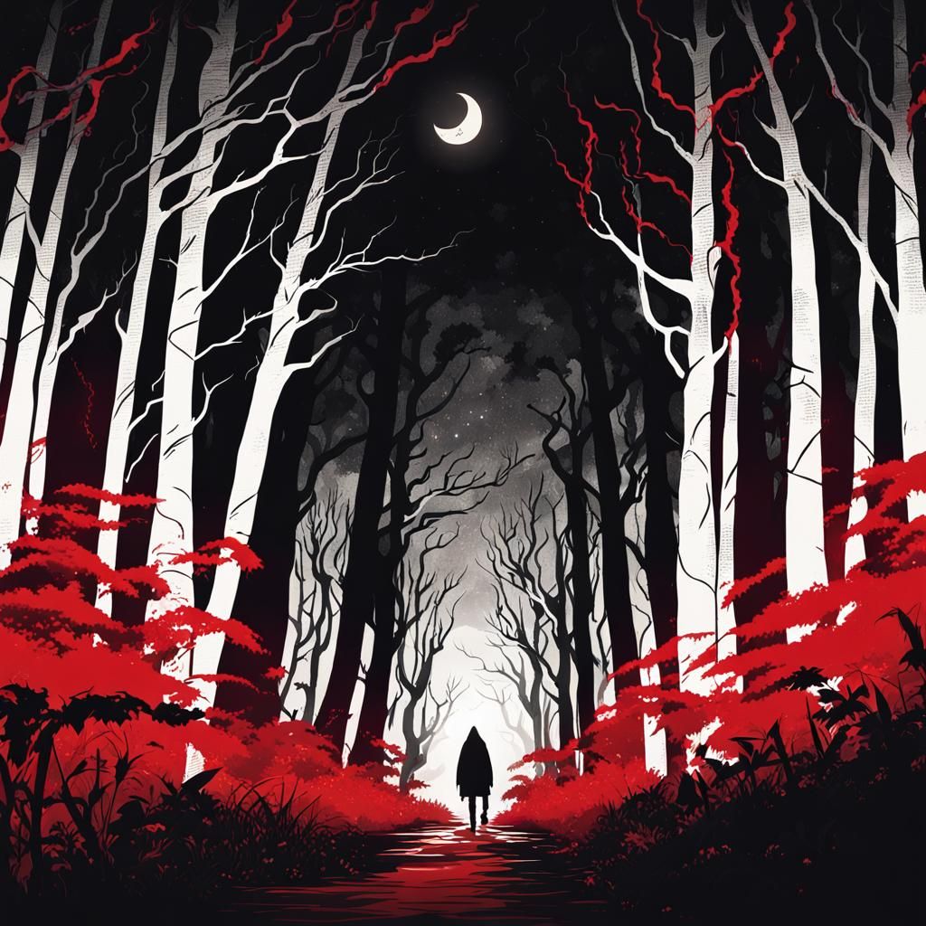 Eldritch Monster Silhouette at Forest Trail in Anime Art