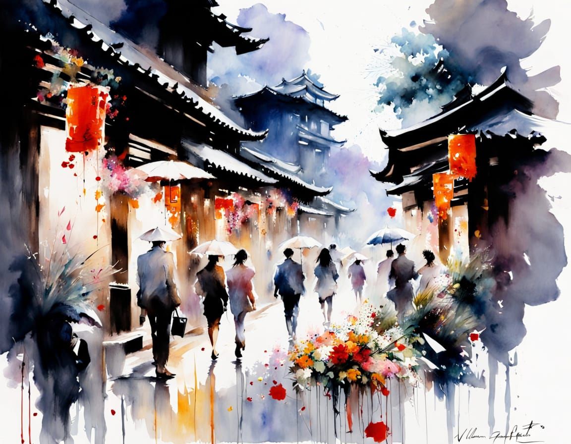 Kyoto Pathway Painted in Ethereal Watercolour Style
