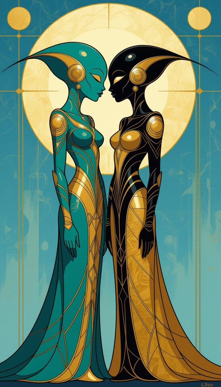 Alien Figures in Ornate Attire with Glowing Circles