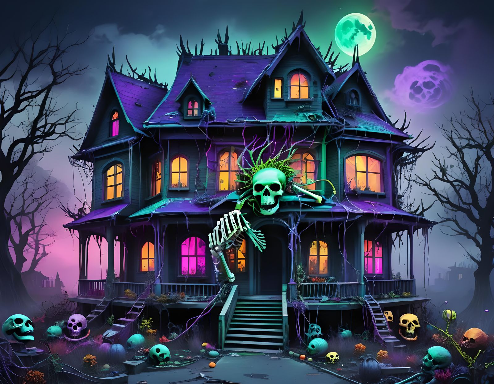 Haunted Mermaidpunk House with Skeleton and Neon Colors