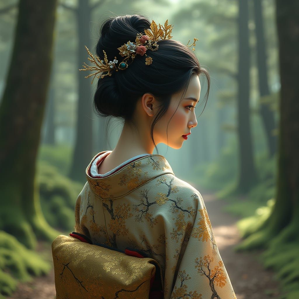 Edo Period Goddess Walks through Japanese Pine Forest