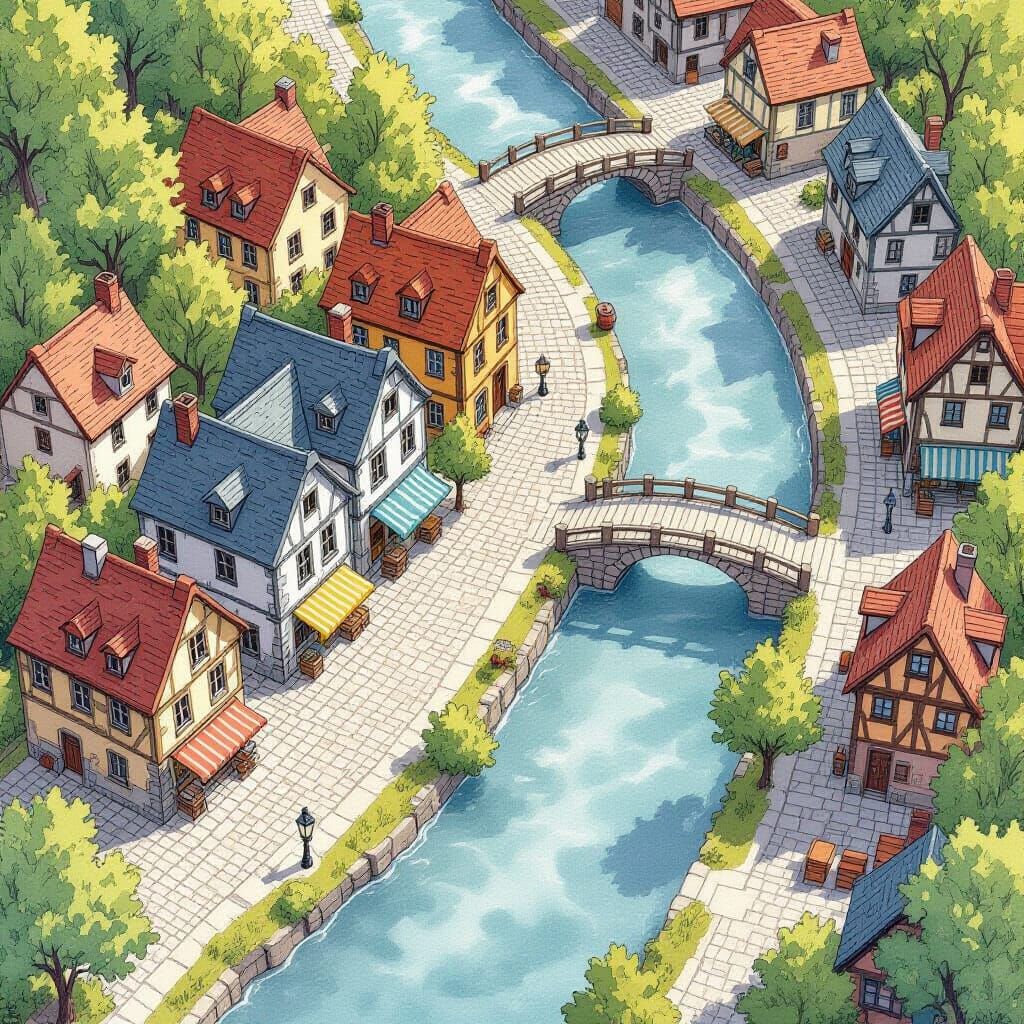 Overhead RPG Map: Serene Riverside Town