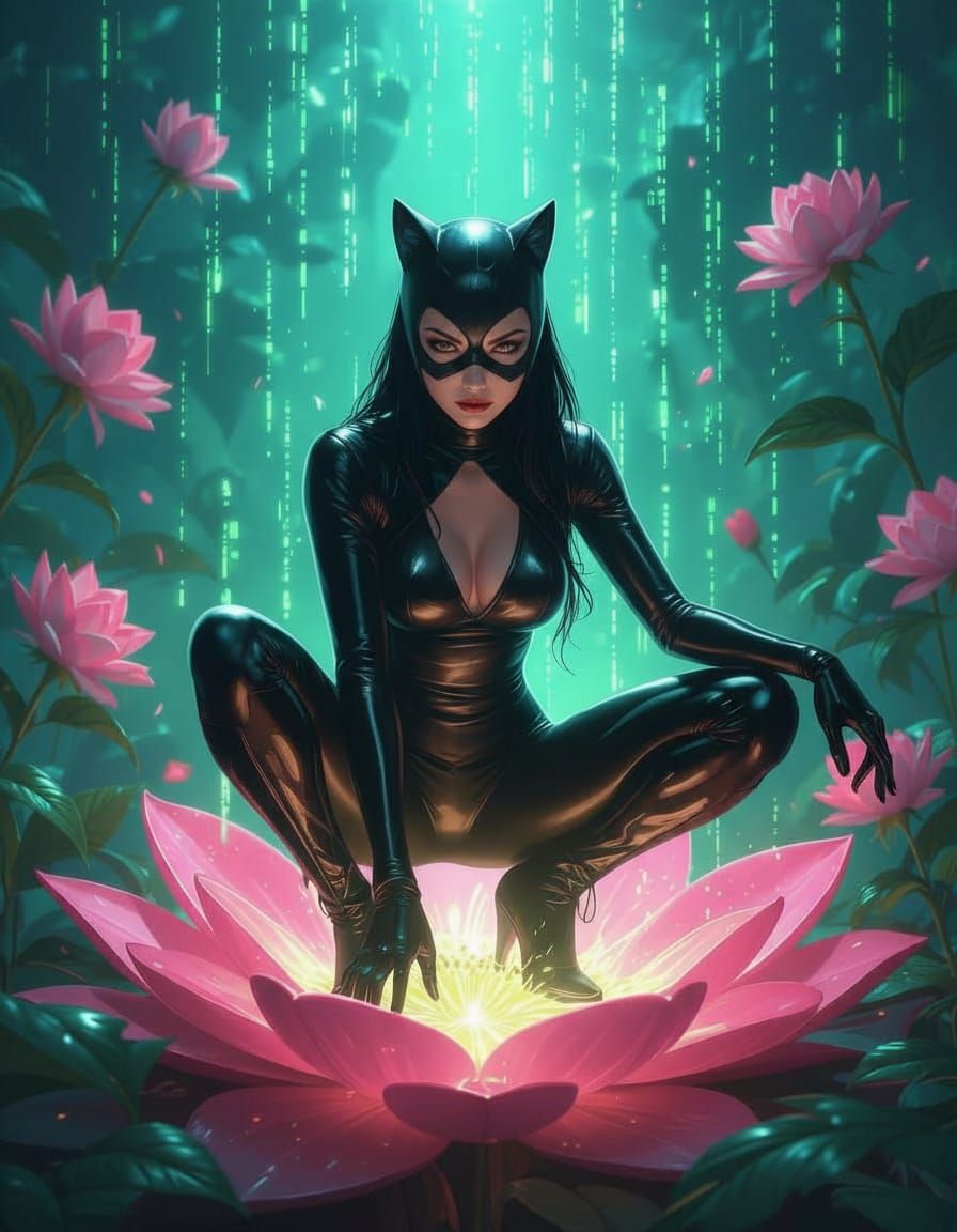 She crouches on a sleek, glowing cyber-petal, her black Catw...