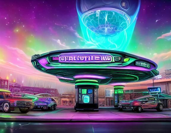 Sci-Fi Alien Gas Station with UFOs