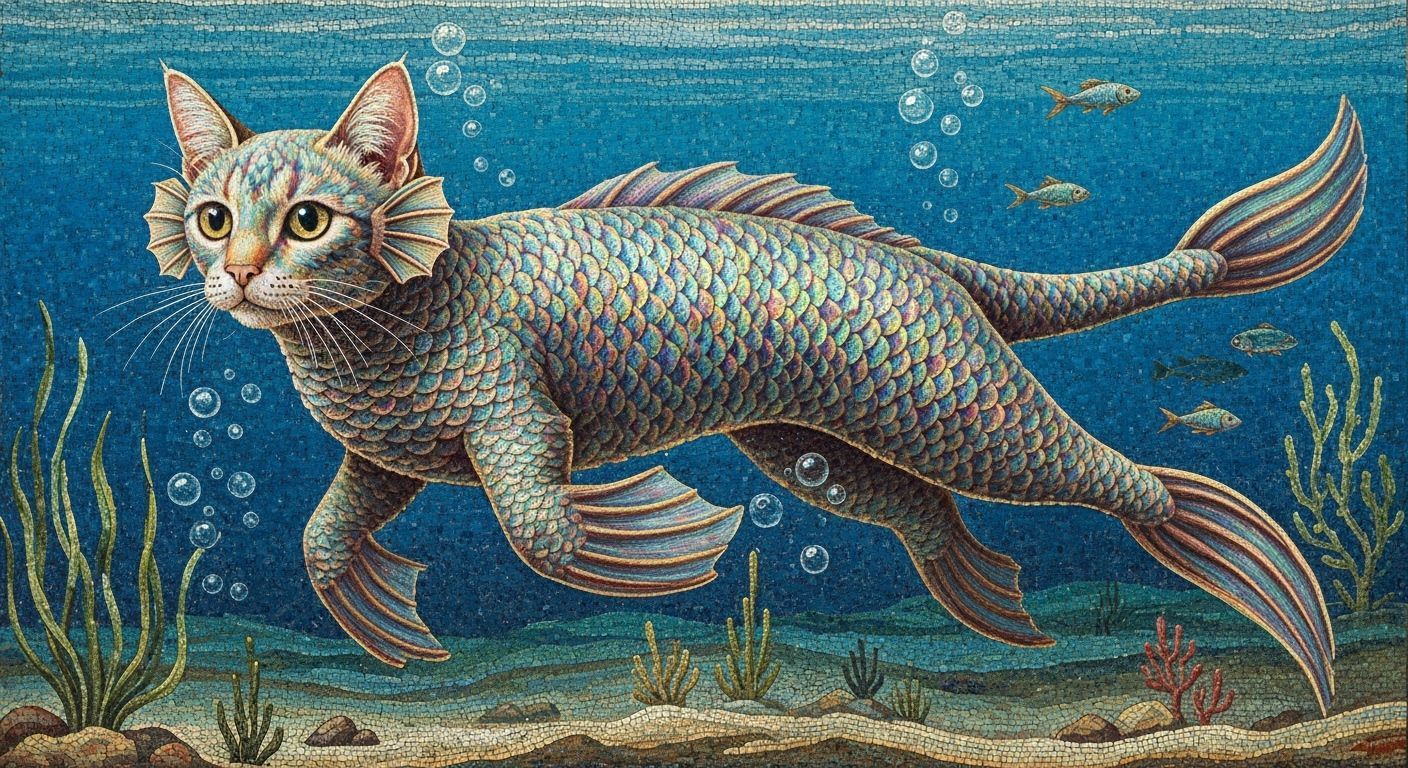 Aquatic Cat Creature as Roman Mosaic