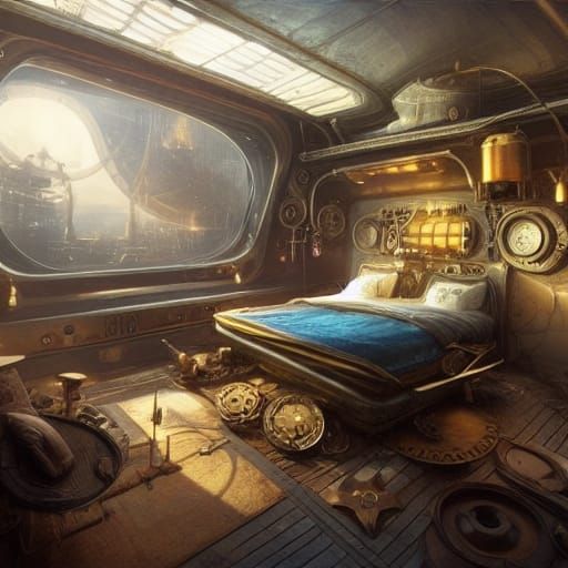 Steampunk Spaceship Bedroom: Fantasy Art