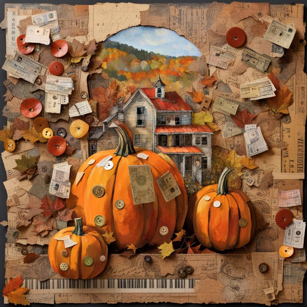Autumn Pumpkin Patch in Mixed Media Collage Art