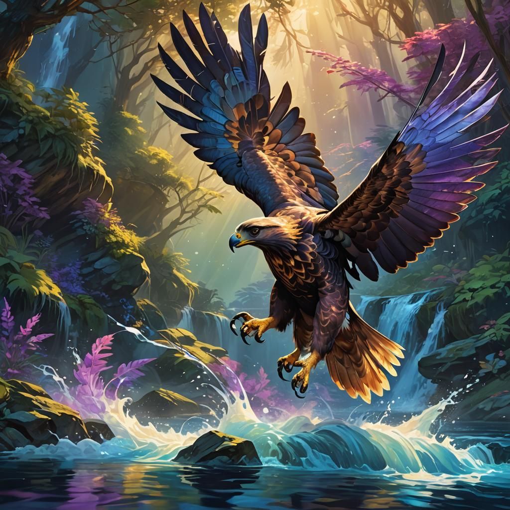 Giant Hawk Soars Over Enchanted River: Fantasy Art