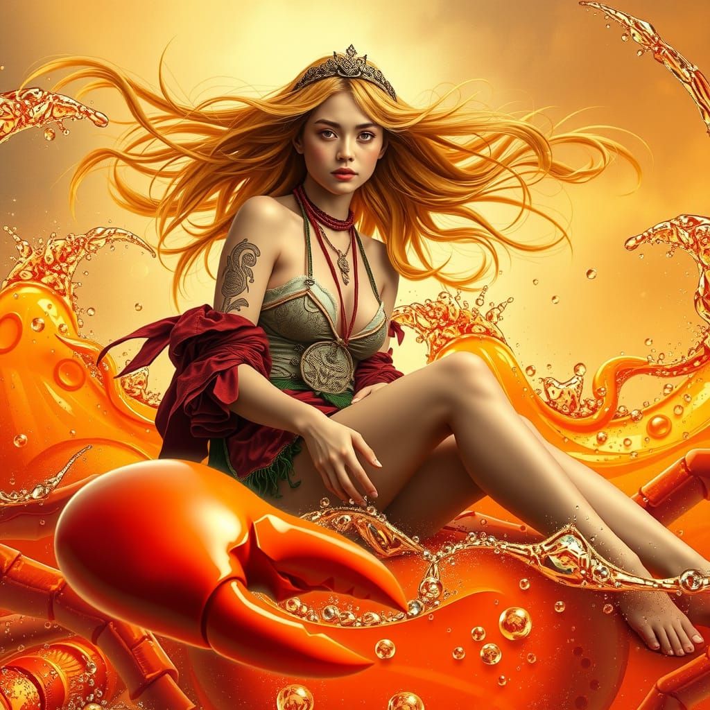 Dreamlike Soda Sea: Woman on Gummy Crab in Neon Style