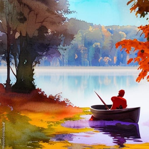 Autumnal Lakeside Fantasy in Watercolour Style