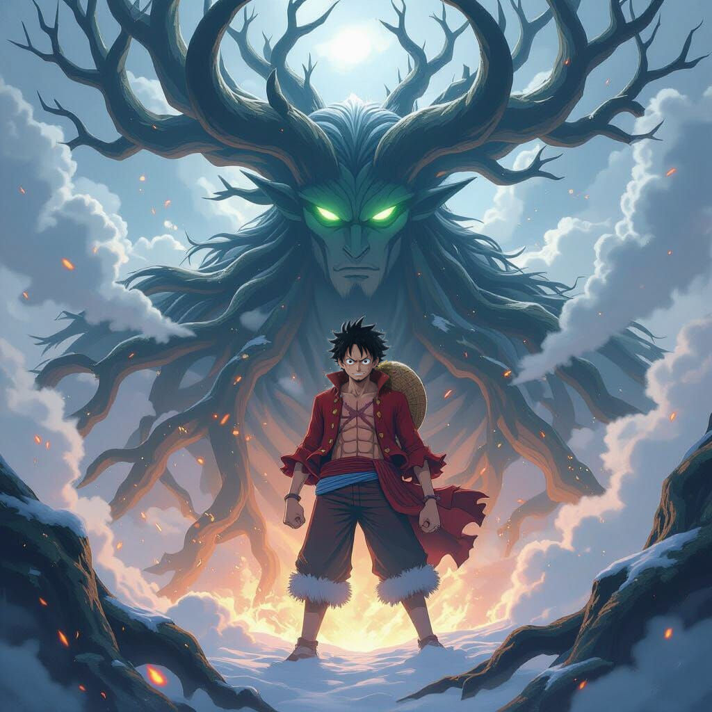 Luffy in Elbaph: Anime Scene on Giant's Shoulder