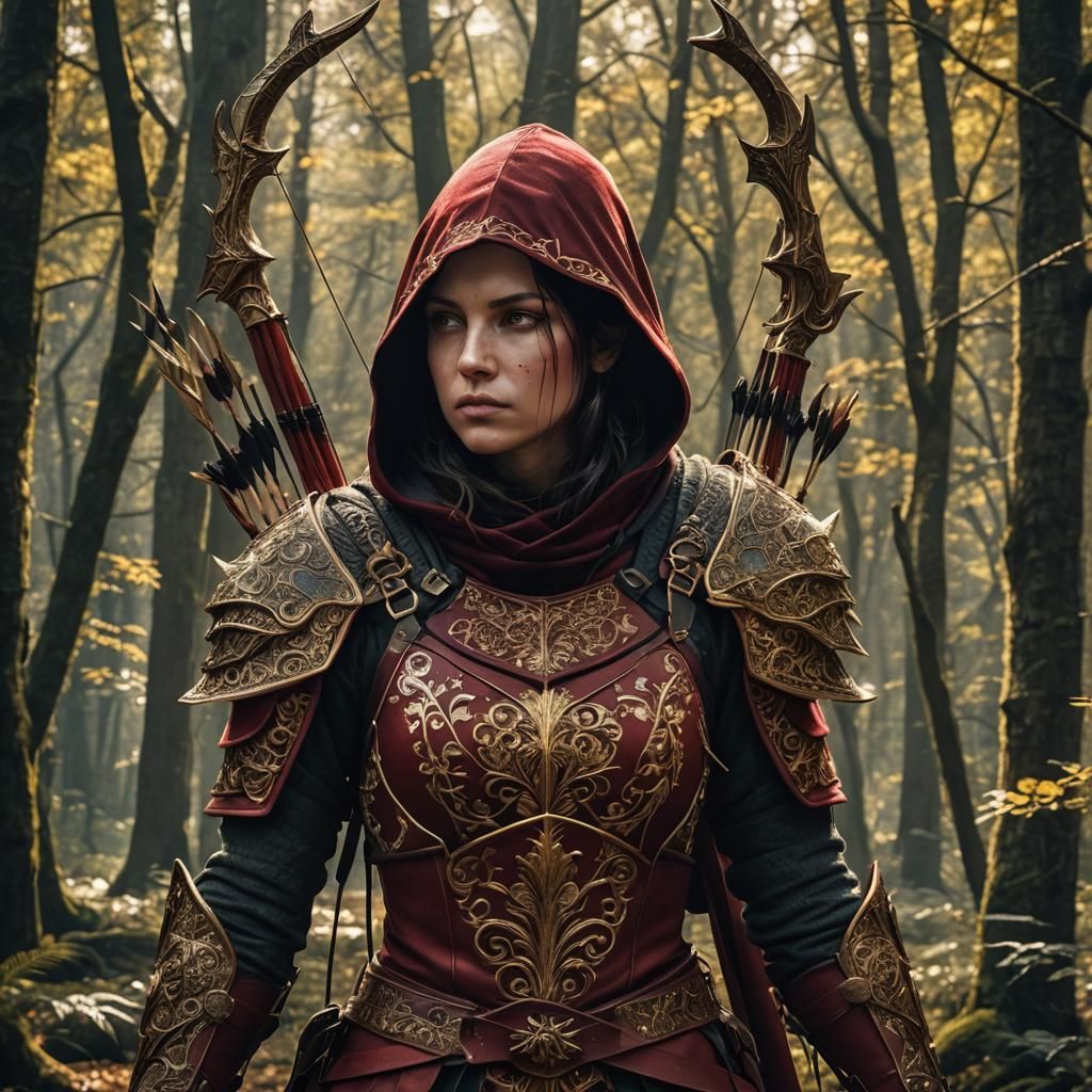Hooded female archer in the forest. Intricate designs ♥️ dar...