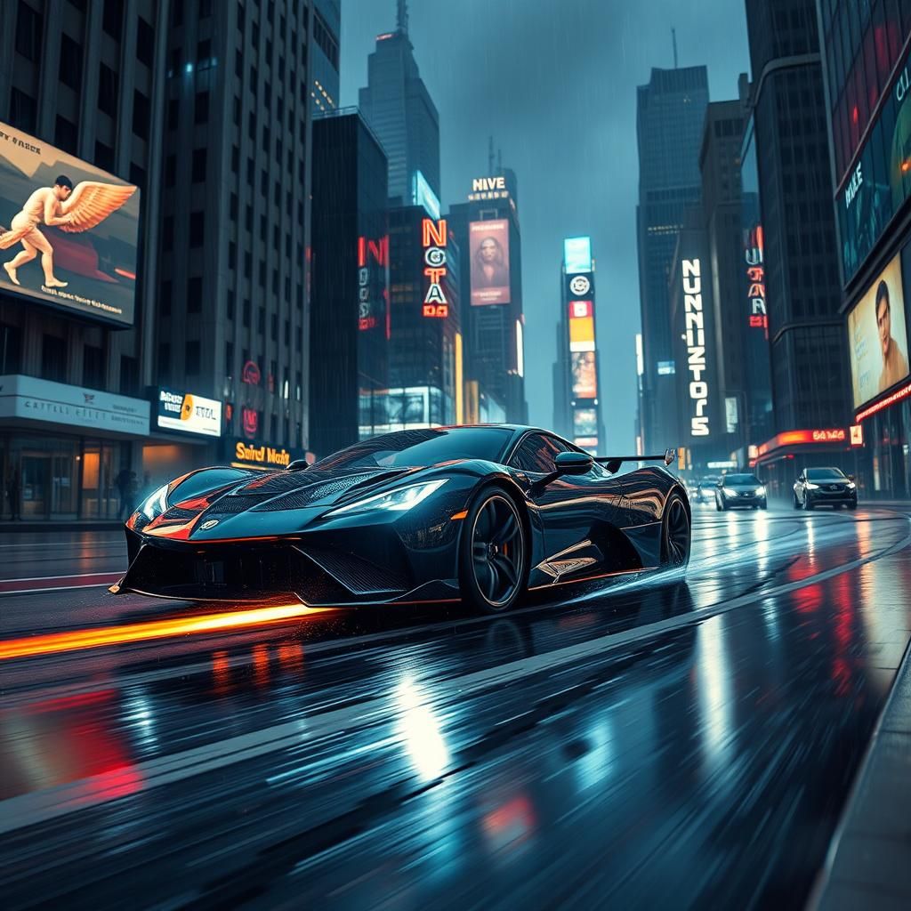 Futuristic Sports Car Racing Through Neon Cityscape