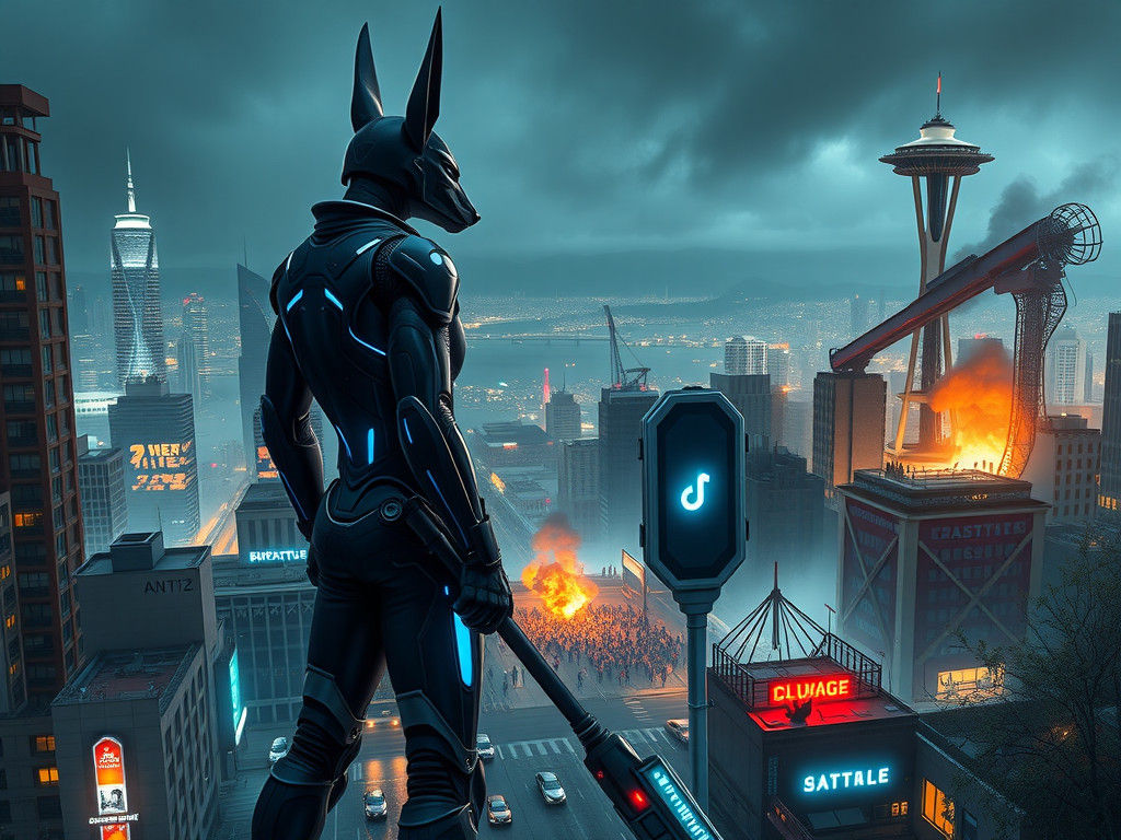 Anubis in Cyberpunk Seattle Skyline