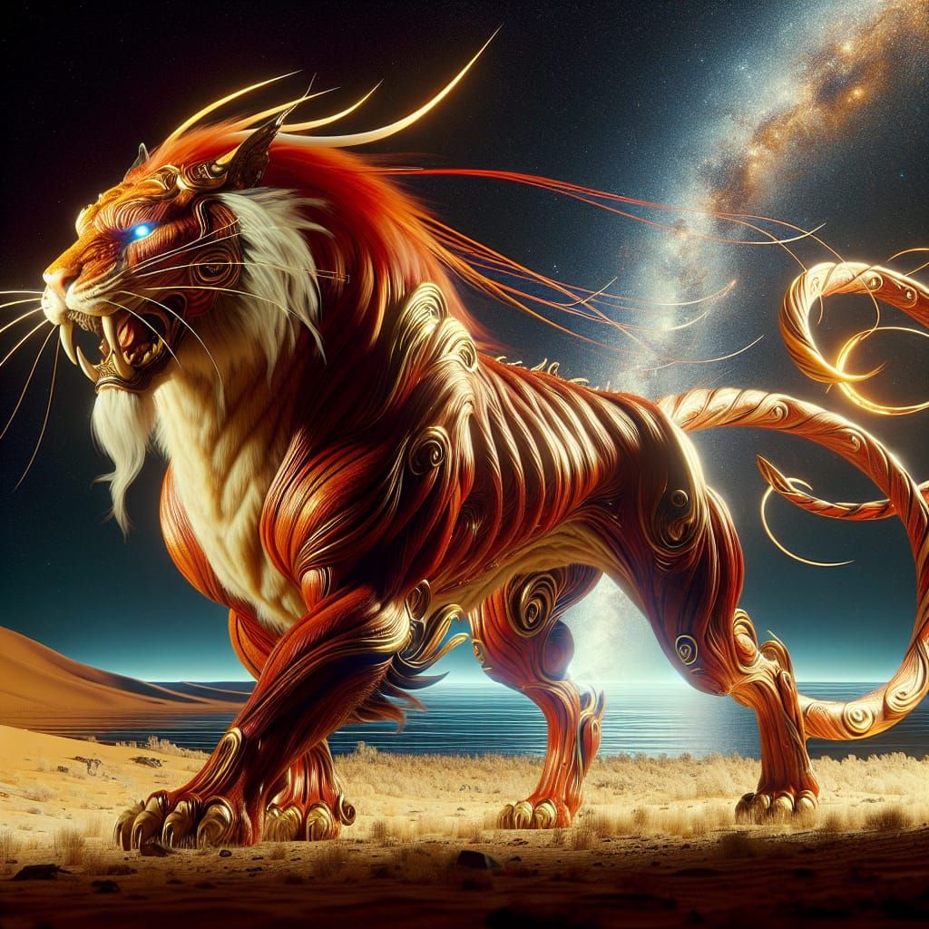 legendary cyber tiger slim, muscular, with golden red hair v...