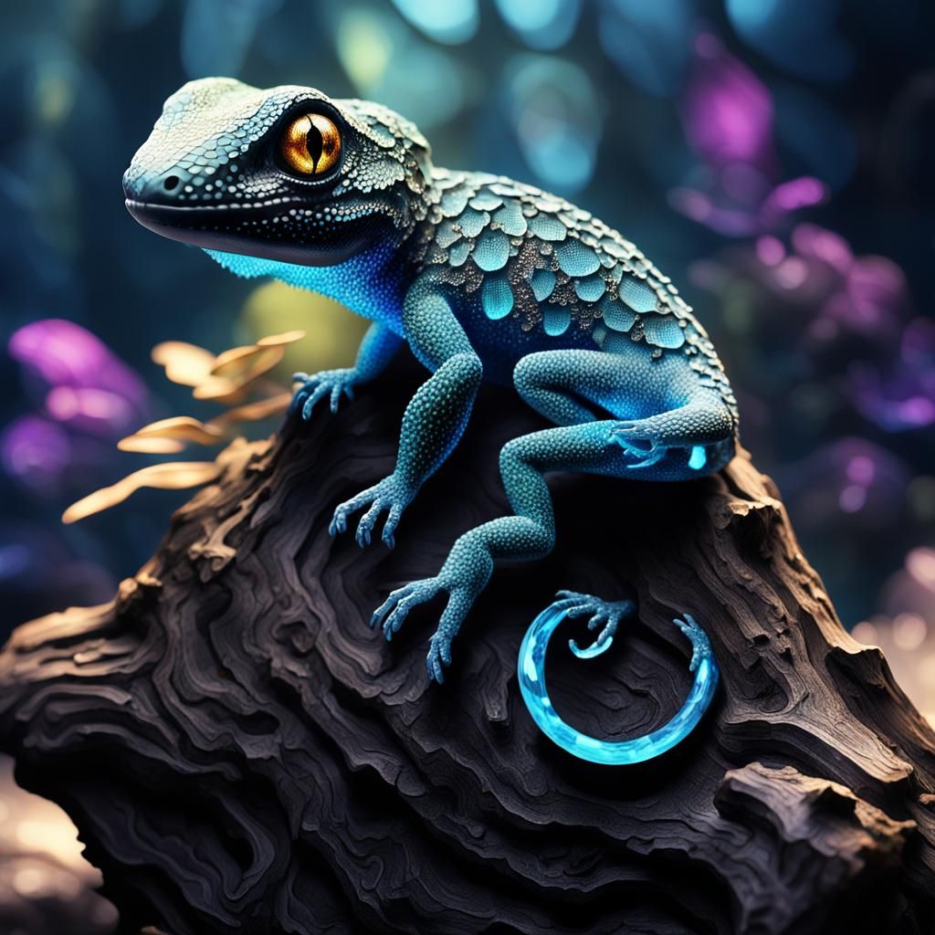 Bioluminescent Glass Gecko Sculpture in Fantasy Art Style