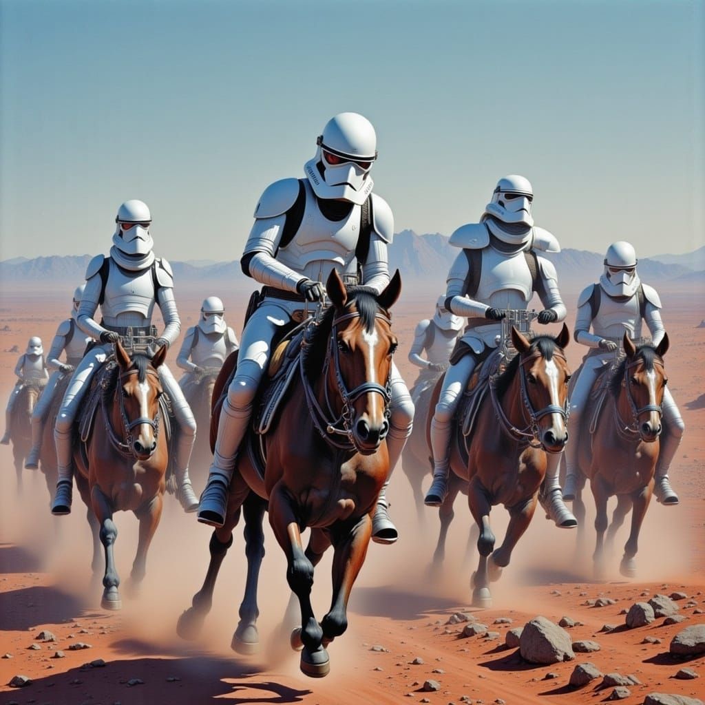 Stormtroopers on High-Speed Bikes in Futuristic Landscape
