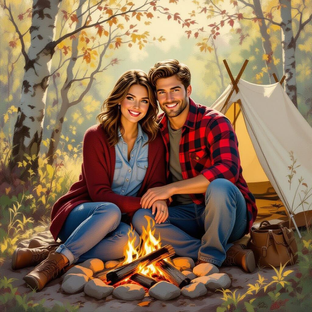 College Sweethearts by Campfire, Nostalgic Painting