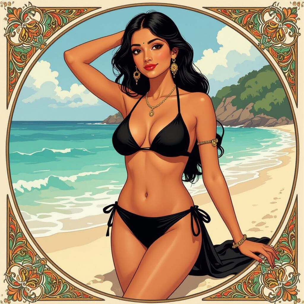 Indian Woman in Black Bikini: Art Nouveau Illustration
