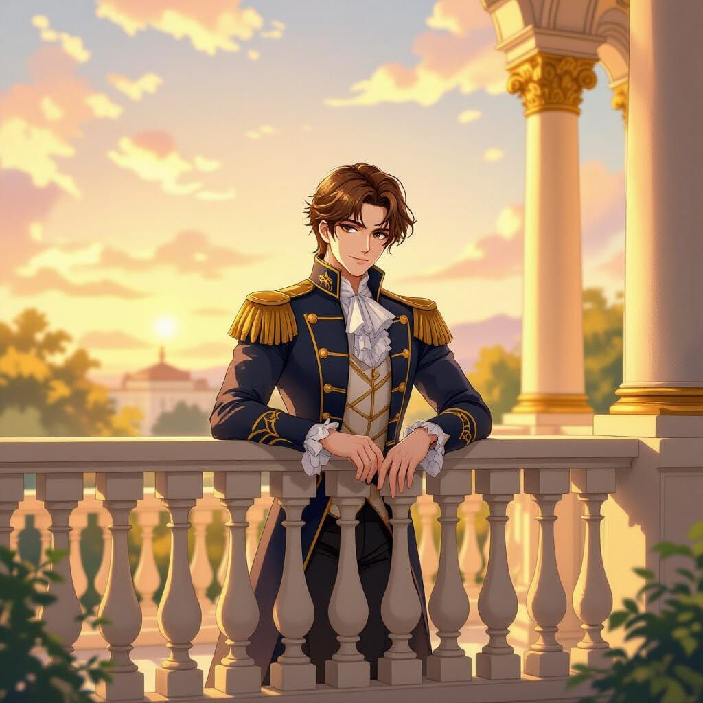 Handsome Prince in Golden Hour Anime Scene