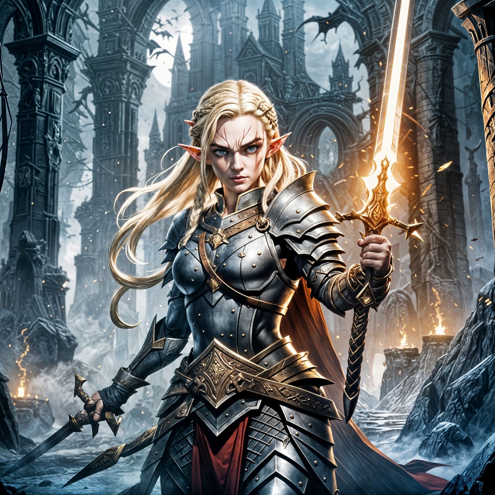 Noble Elf Warrior Prepares for Battle with Colossal Sword