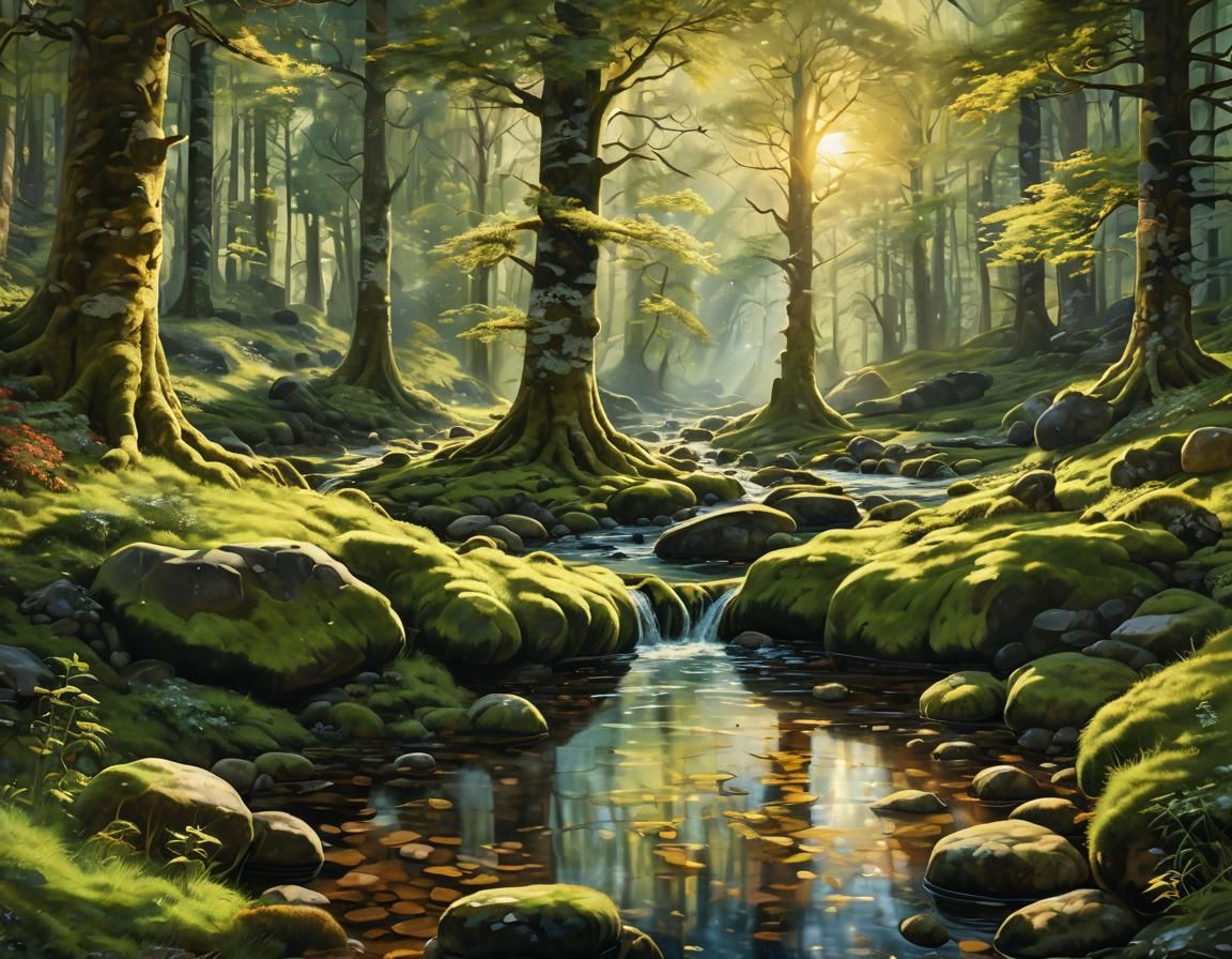 Sun-Dappled Glade with Mossy Stones: Oil Painting