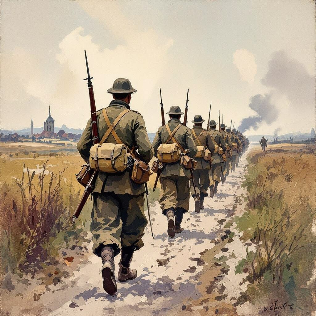 WWI Soldiers Retreating, Impressionist Gouache on Canvas