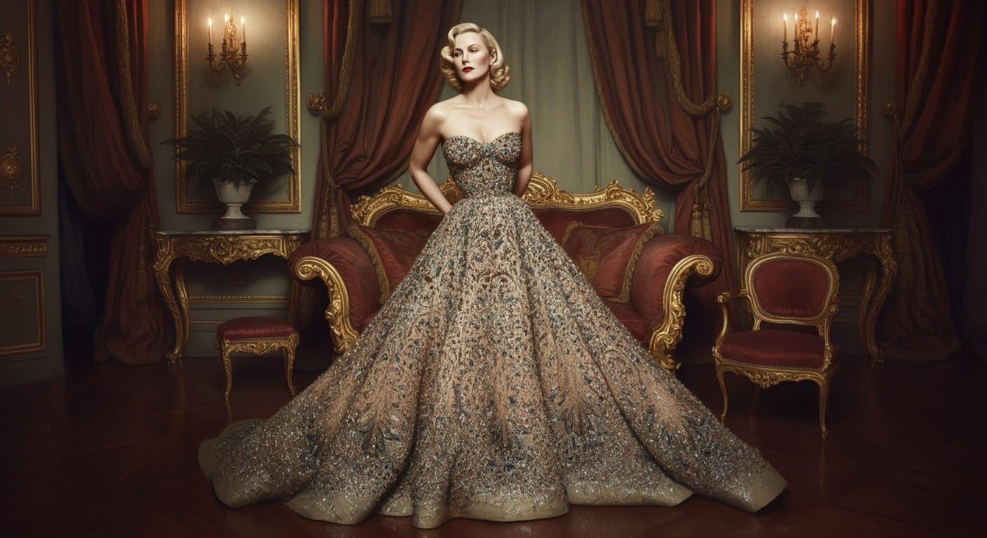 Elegant Woman in Sparkling Gown amidst Opulent Baroque Setti...