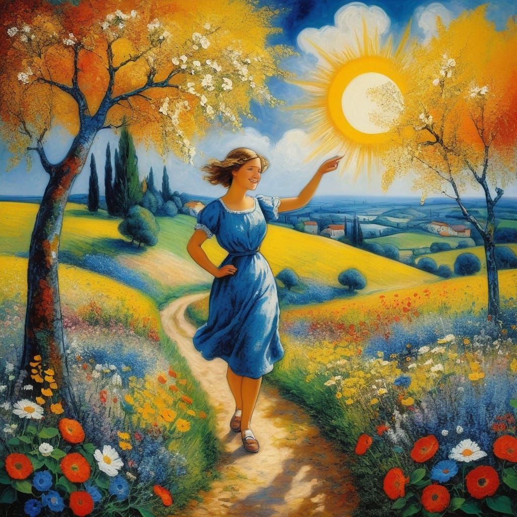 A Dreamy Idyll: Young Friends Stroll in a Vibrant, Chagall-I...