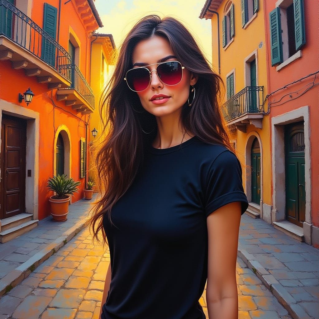 Italian Village Sunset in Abstract Expressionist Style