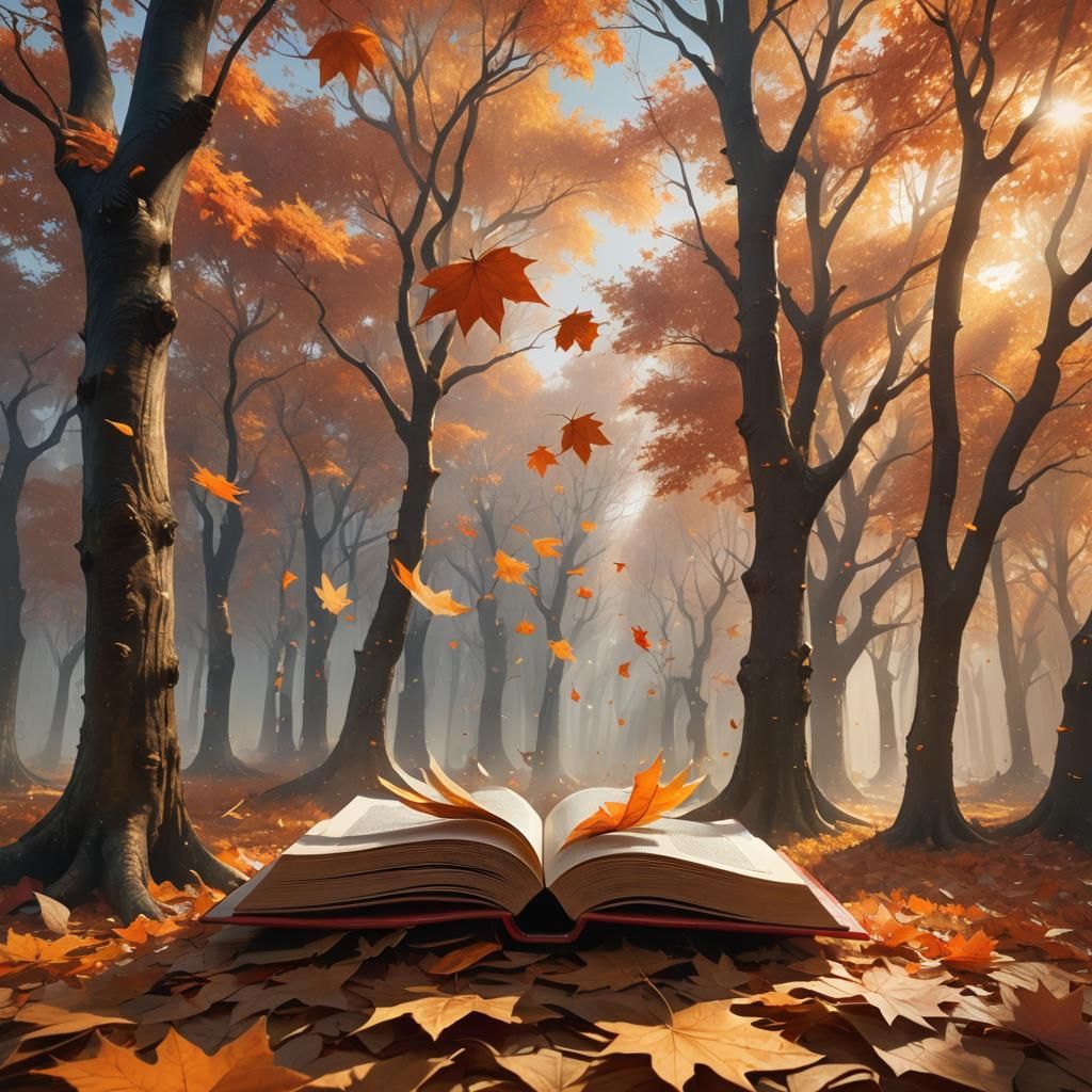 Gigantic Book Unleashes Autumn Leaves: Surreal Concept Art