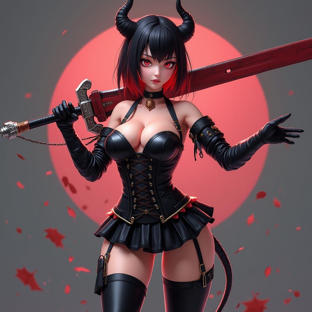 Anime-Style Demon Hunter with Sword in 3D Rendering
