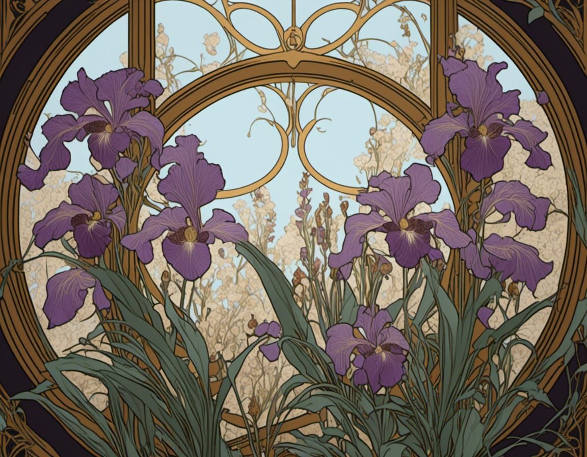Violet Iris Flowers in Art Nouveau Style