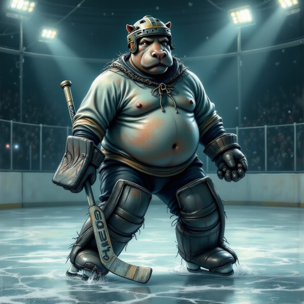 Corpulent Hippo-Man Goalkeeper in Macabre Ice Hockey Arena