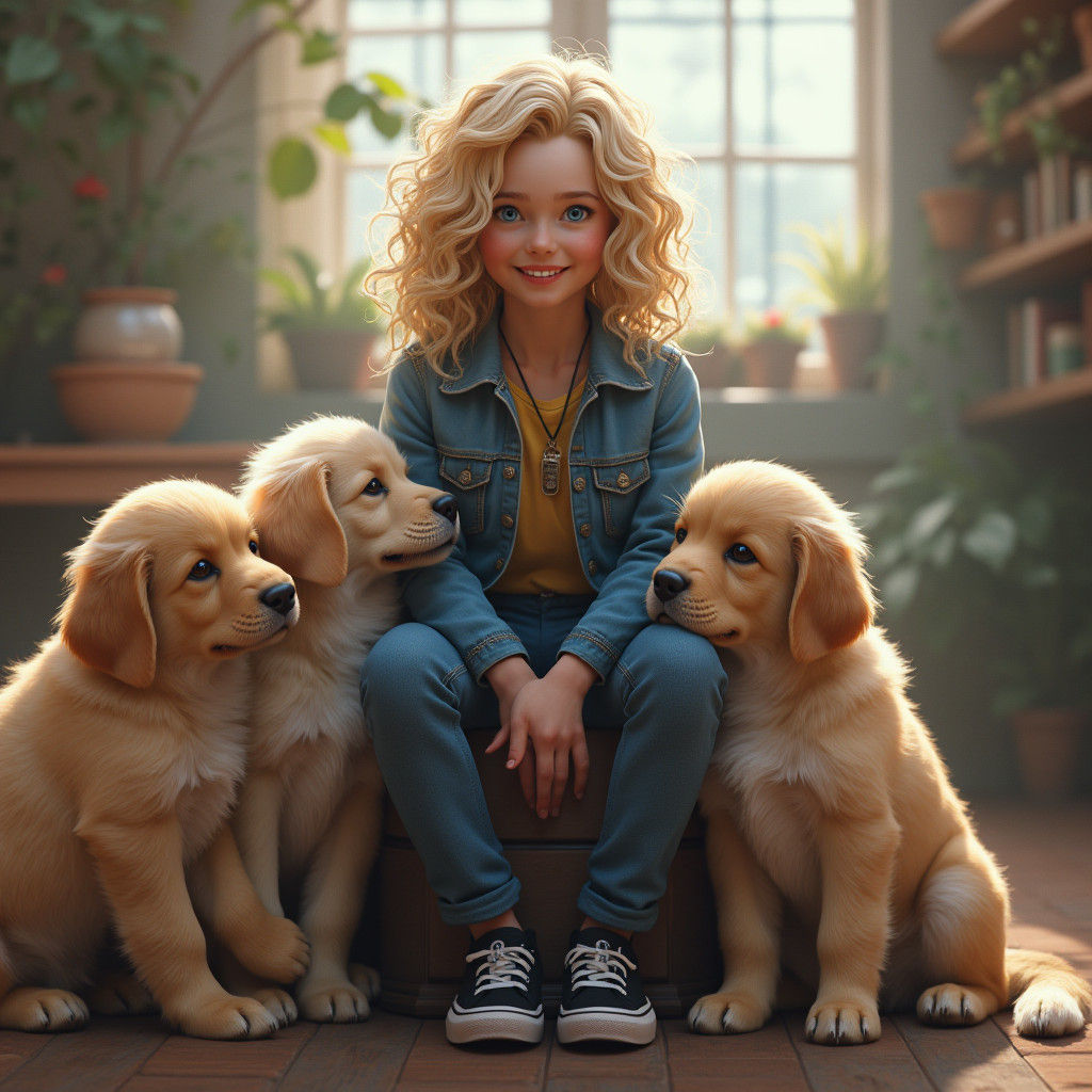Girl with Puppies in Heartwarming Digital Art