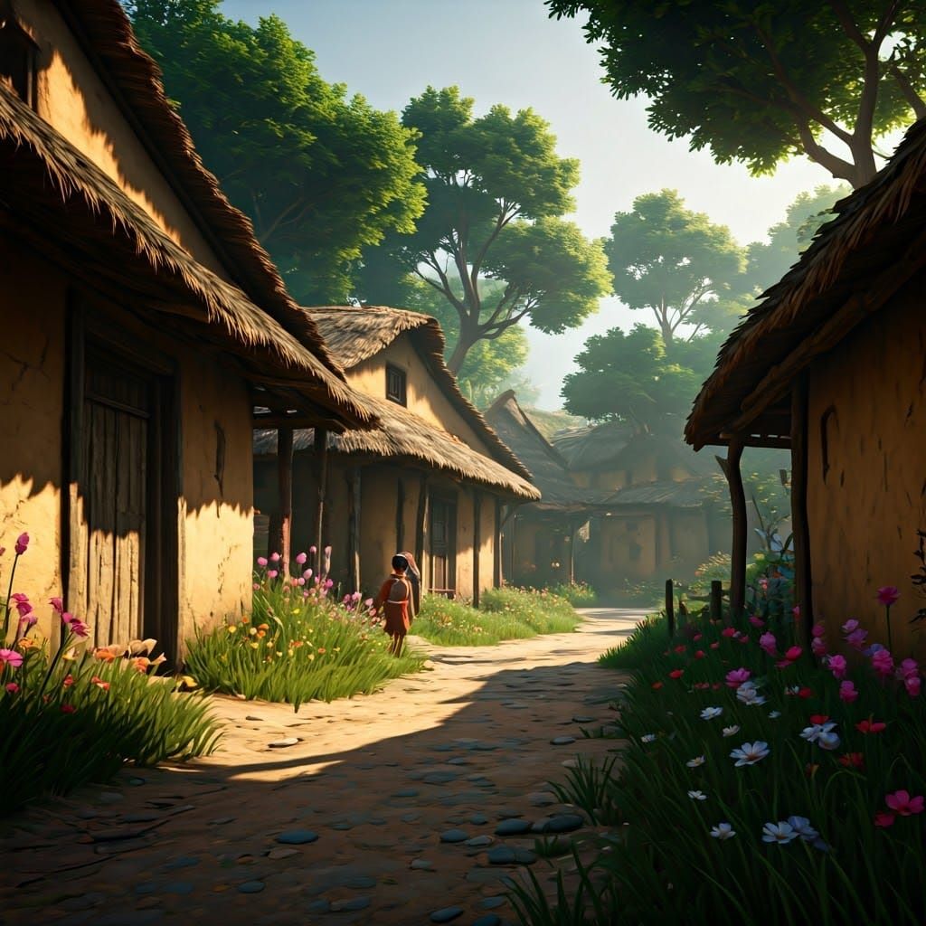 Idyllic Village Scene in Painterly Style