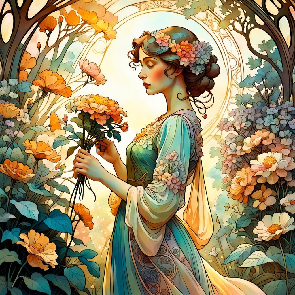 Woman in Garden, Alphonse Mucha Style