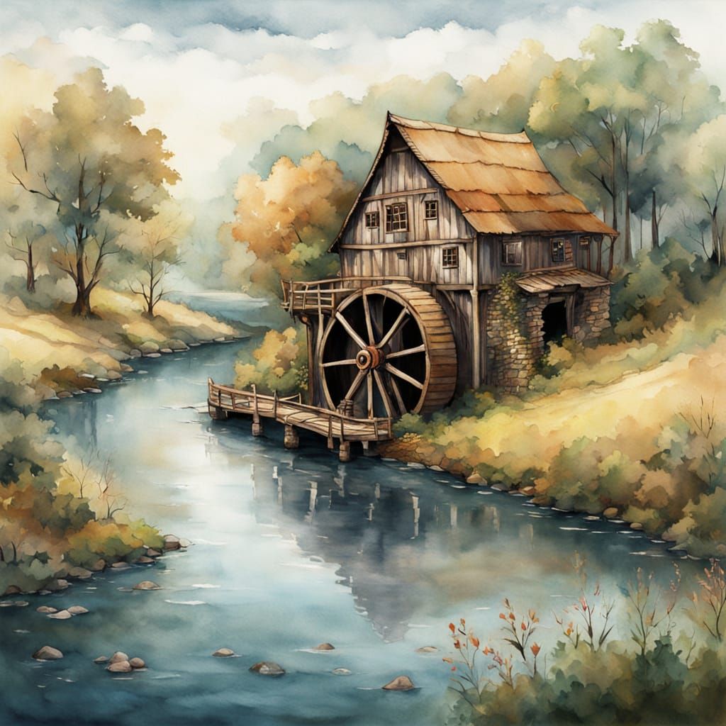 Watercolour Fantasy Map with Whimsical Watermill