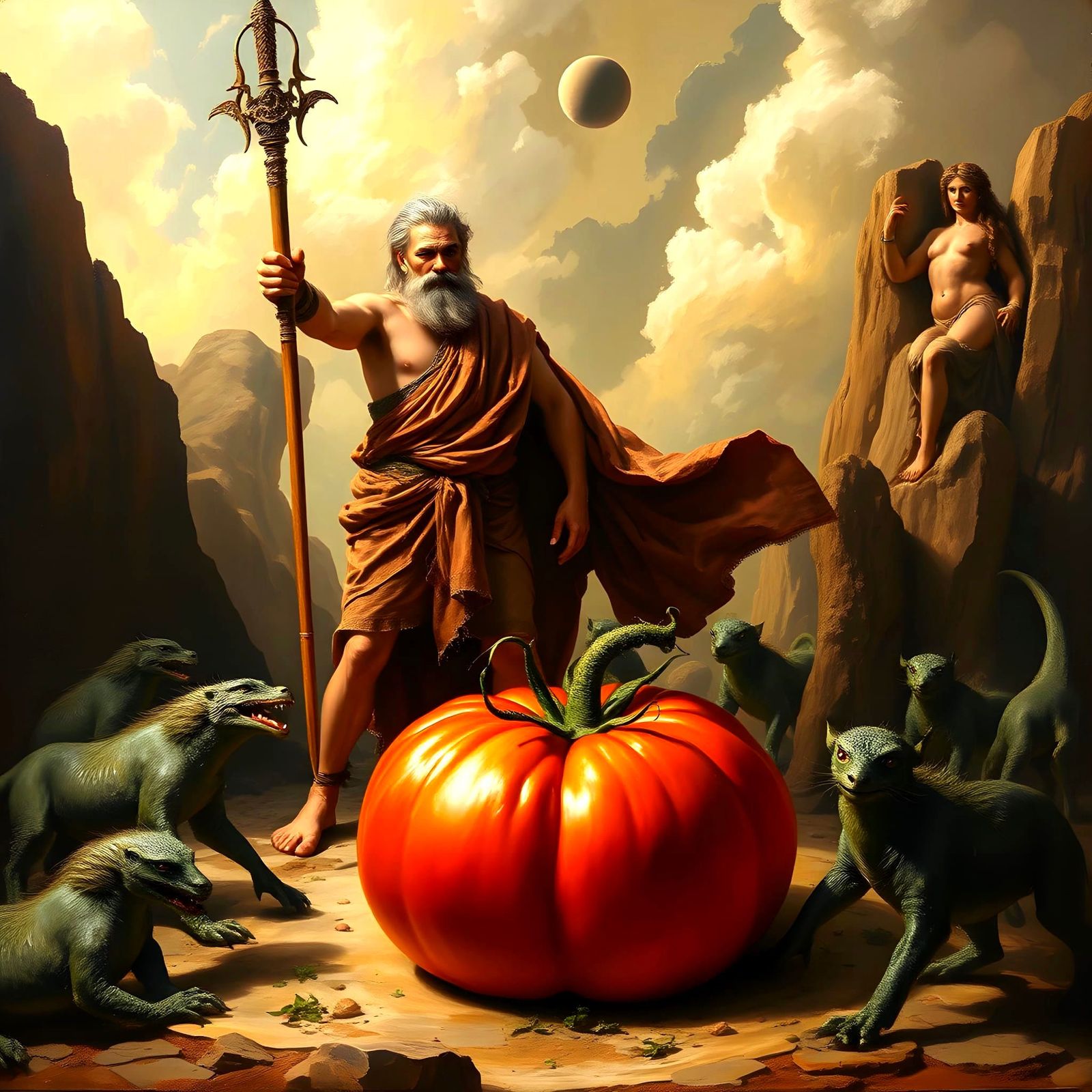 Gilgamesh and Enkidu Triumph Over Giant Tomato