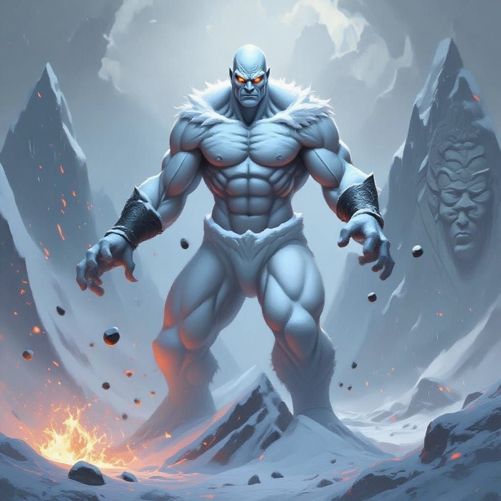 Colossal Snow Giant Attacks Mountain with Carved Face