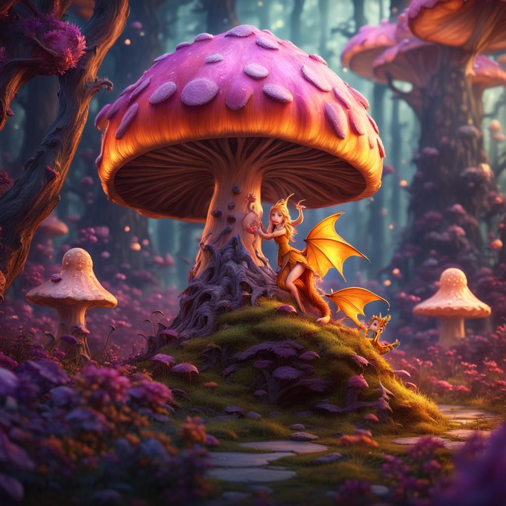 Enchanted Fairy and Dragon in Mushroom Forest