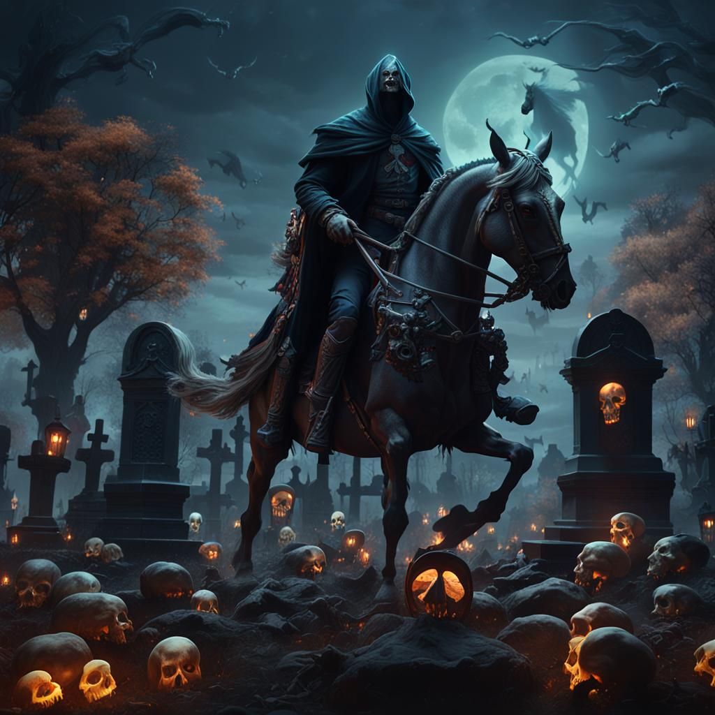 Headless Horseman in Graveyard: Detailed Matte Painting