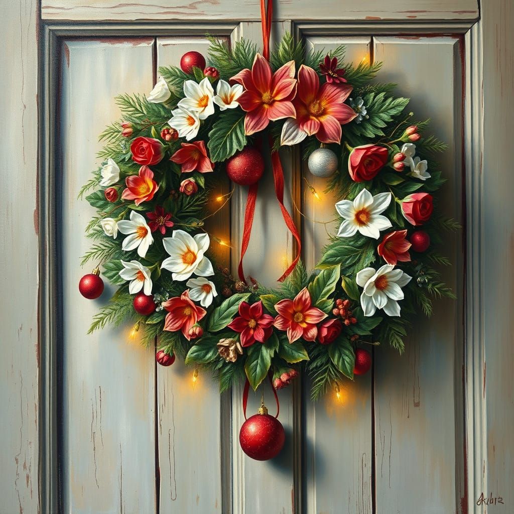Vibrant Christmas Wreath Oil Painting in Abstract Art