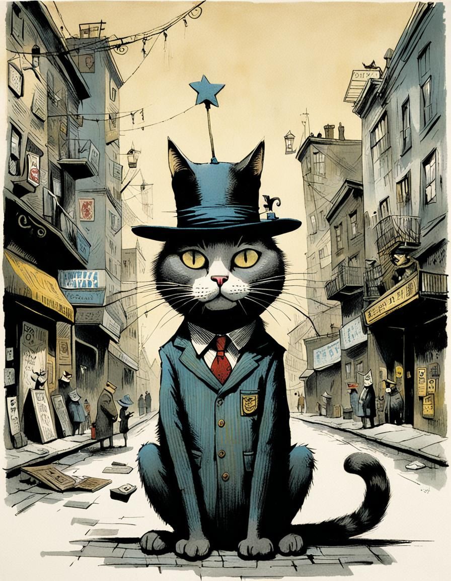 City Cat in Hat: Surrealist Graffiti Cartoon