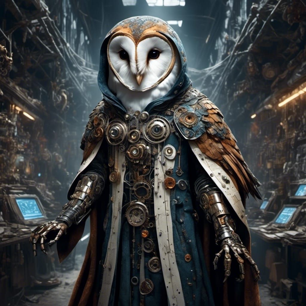 Steampunk Cyborg Barn Owl in Gothic Sci-Fi Control Room