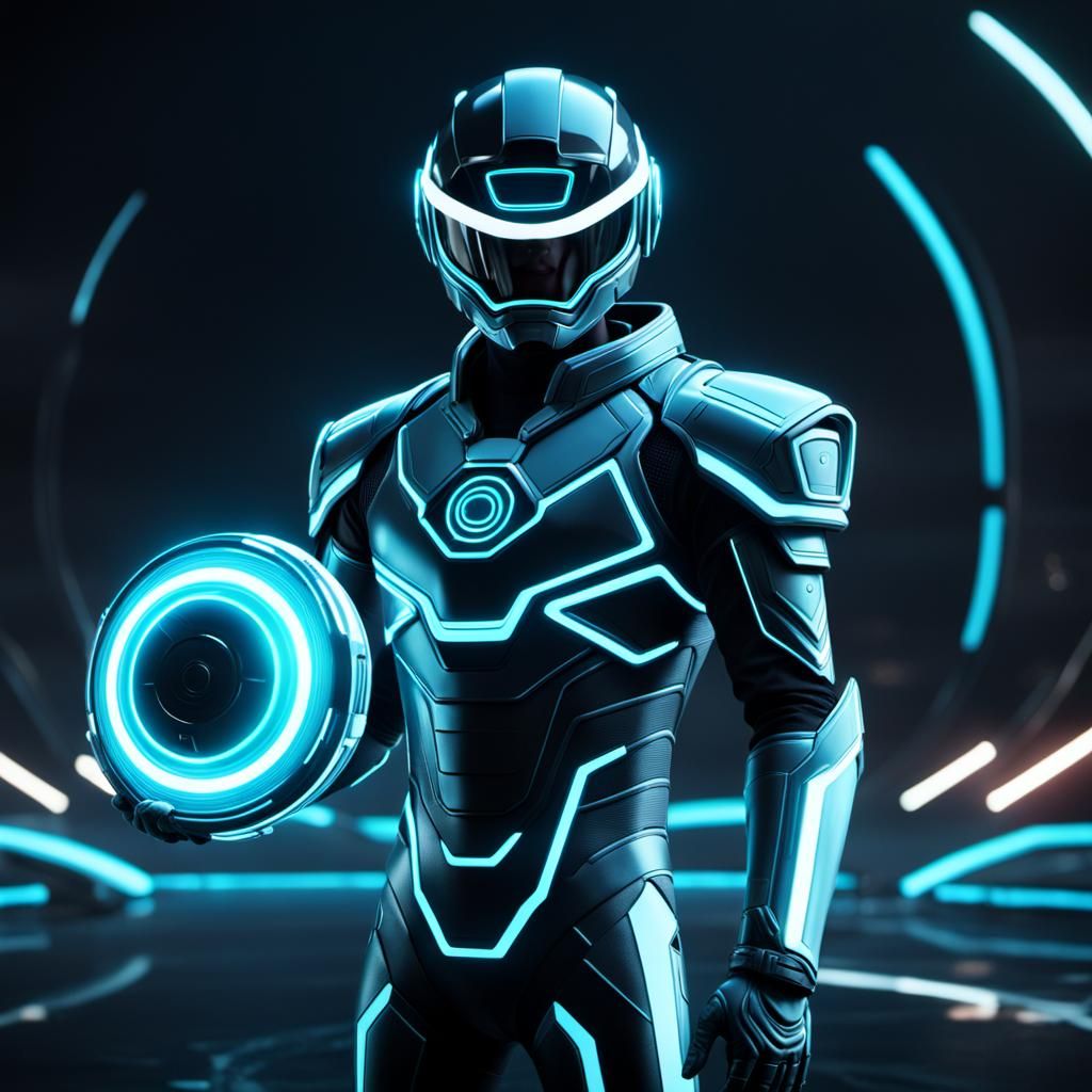 Tron Character with Glowing Frisbee in Futuristic Style